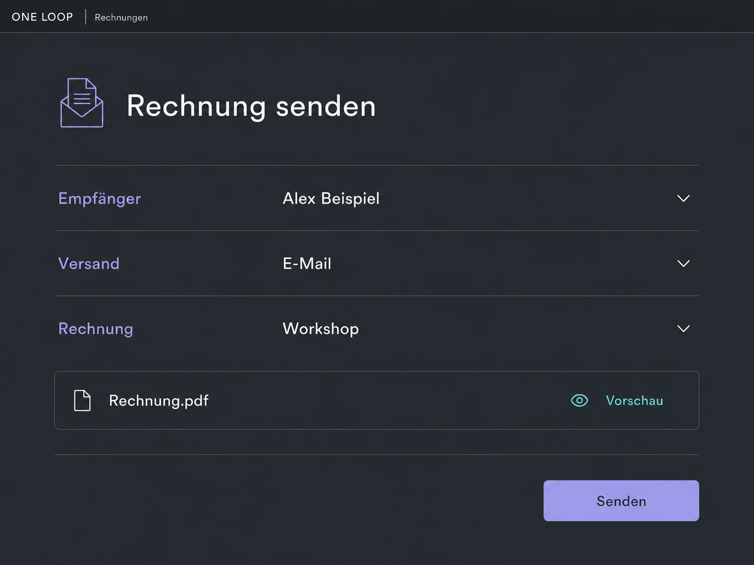 Beispiel des Rechnungsversands vor dem Senden: Alex Beispiel, Versand per E-Mail und Rechnungsdatei mit Vorschau. Noch keine Versandbestätigung.