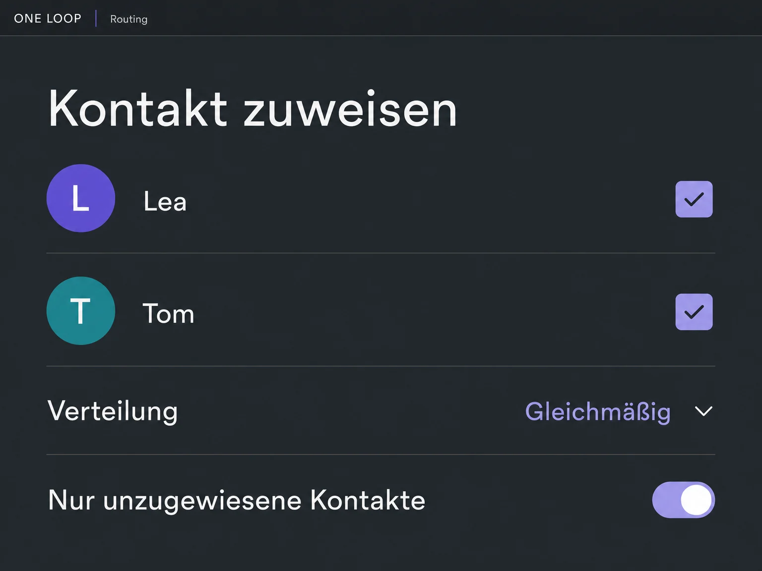 Die Beispielzuweisung verteilt Kontakte unter Lea und Tom gleichmäßig; die Option für ausschließlich unzugewiesene Kontakte ist aktiv.
