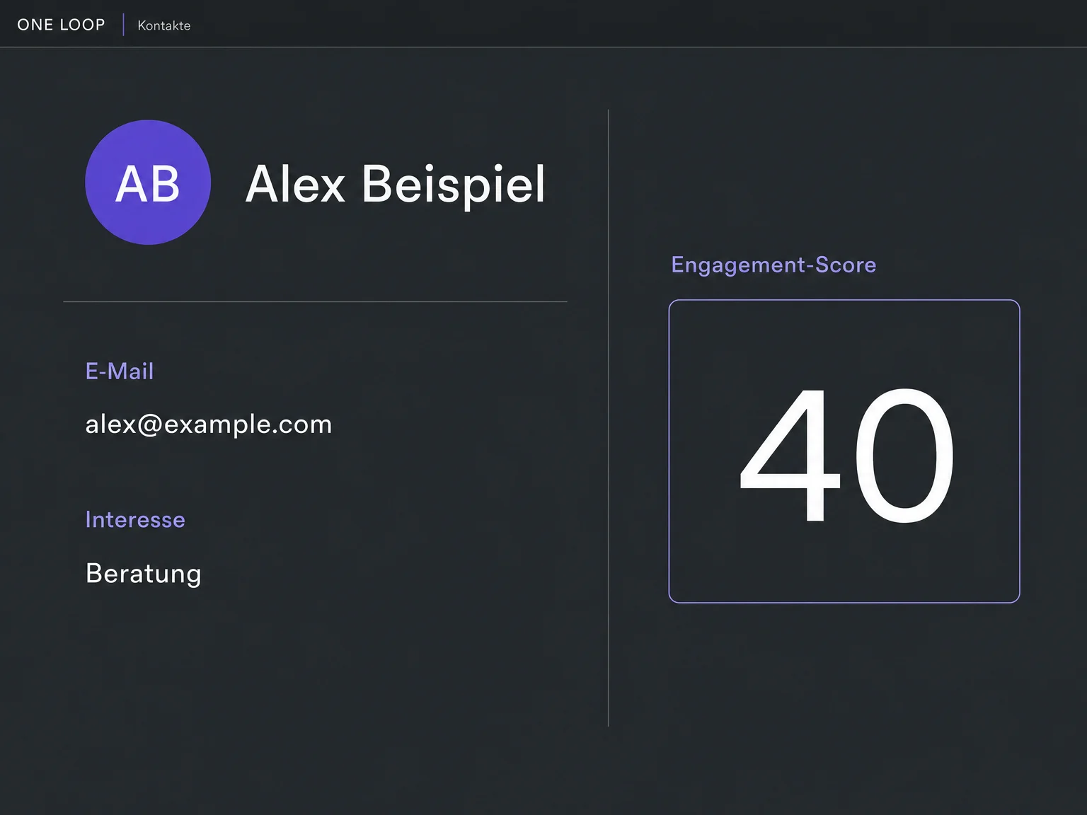 Der fiktive Kontakt Alex Beispiel zeigt sein Interesse an Beratung und einen aktuellen Engagement-Score von 40, ohne Aussage über eine Kaufwahrscheinlichkeit.