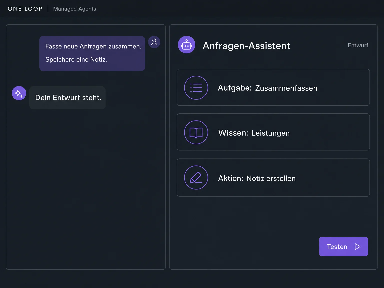 Eine kurze Aufgabenbeschreibung im Chat wird zum Entwurf eines Anfragen-Assistenten mit Wissen und einer Notiz-Aktion.