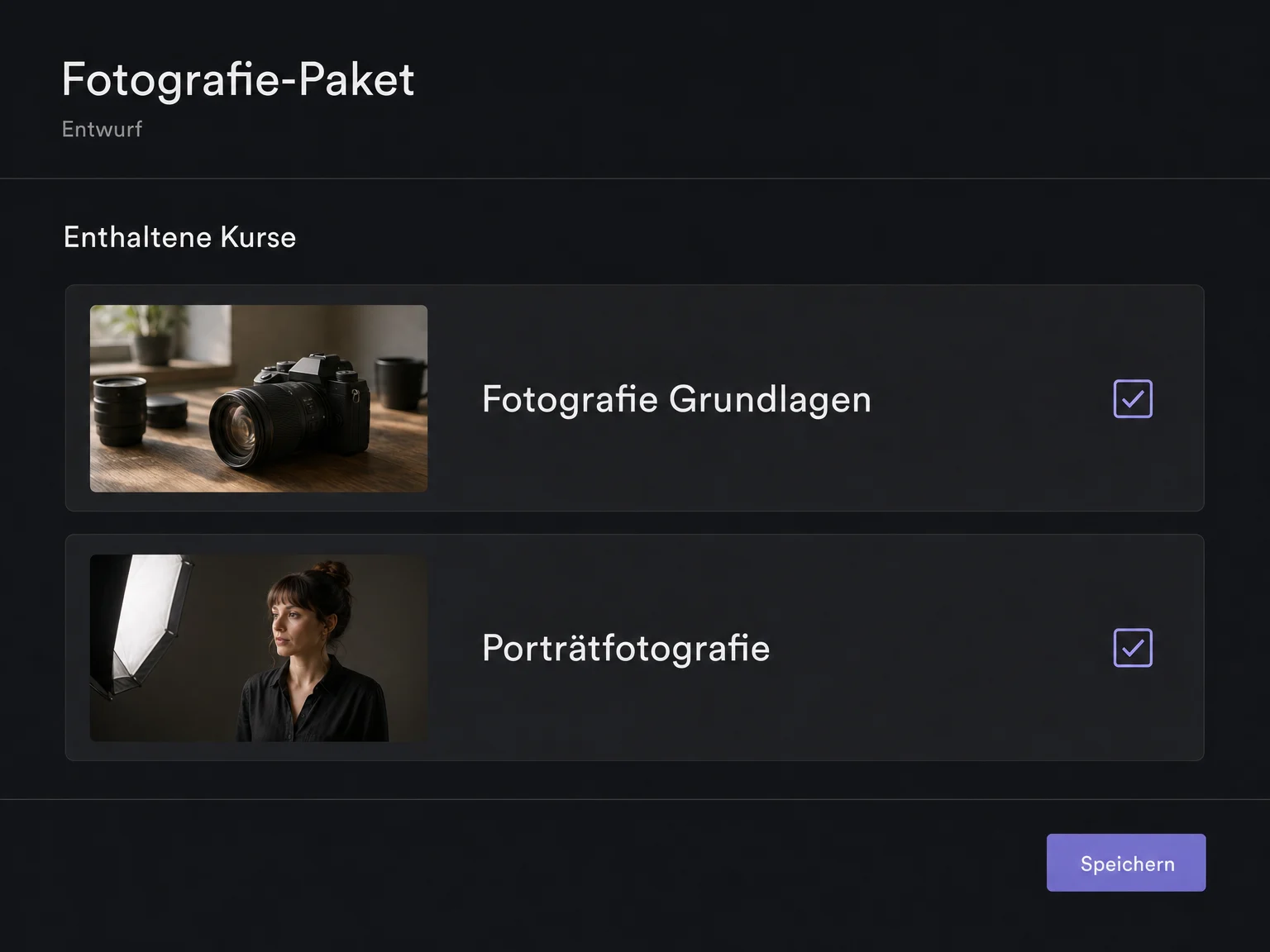 Beispiel eines Kursangebots Fotografie-Paket im Entwurf mit zwei ausgewählten Kursen und Speichern-Aktion.