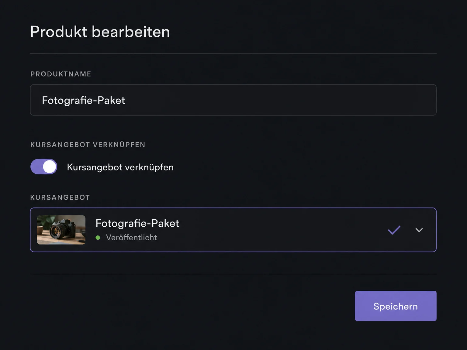 Beispiel einer Produktverknüpfung mit aktiviertem Kursangebot-Schalter und ausgewähltem veröffentlichten Fotografie-Paket.
