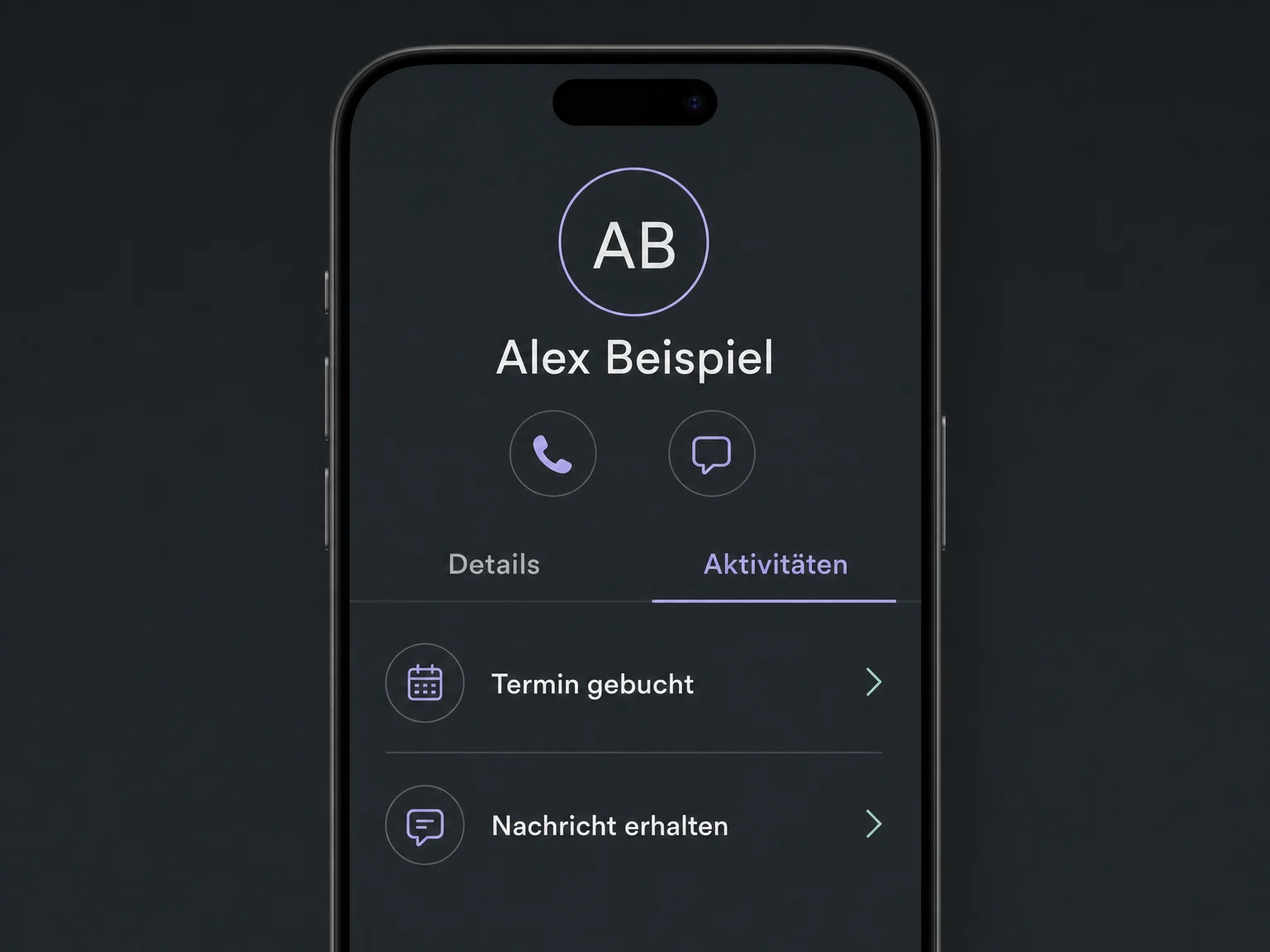 Alex Beispiels mobiles Kontaktprofil zeigt Anruf- und Nachrichtenaktionen sowie zwei vergangene Aktivitäten.