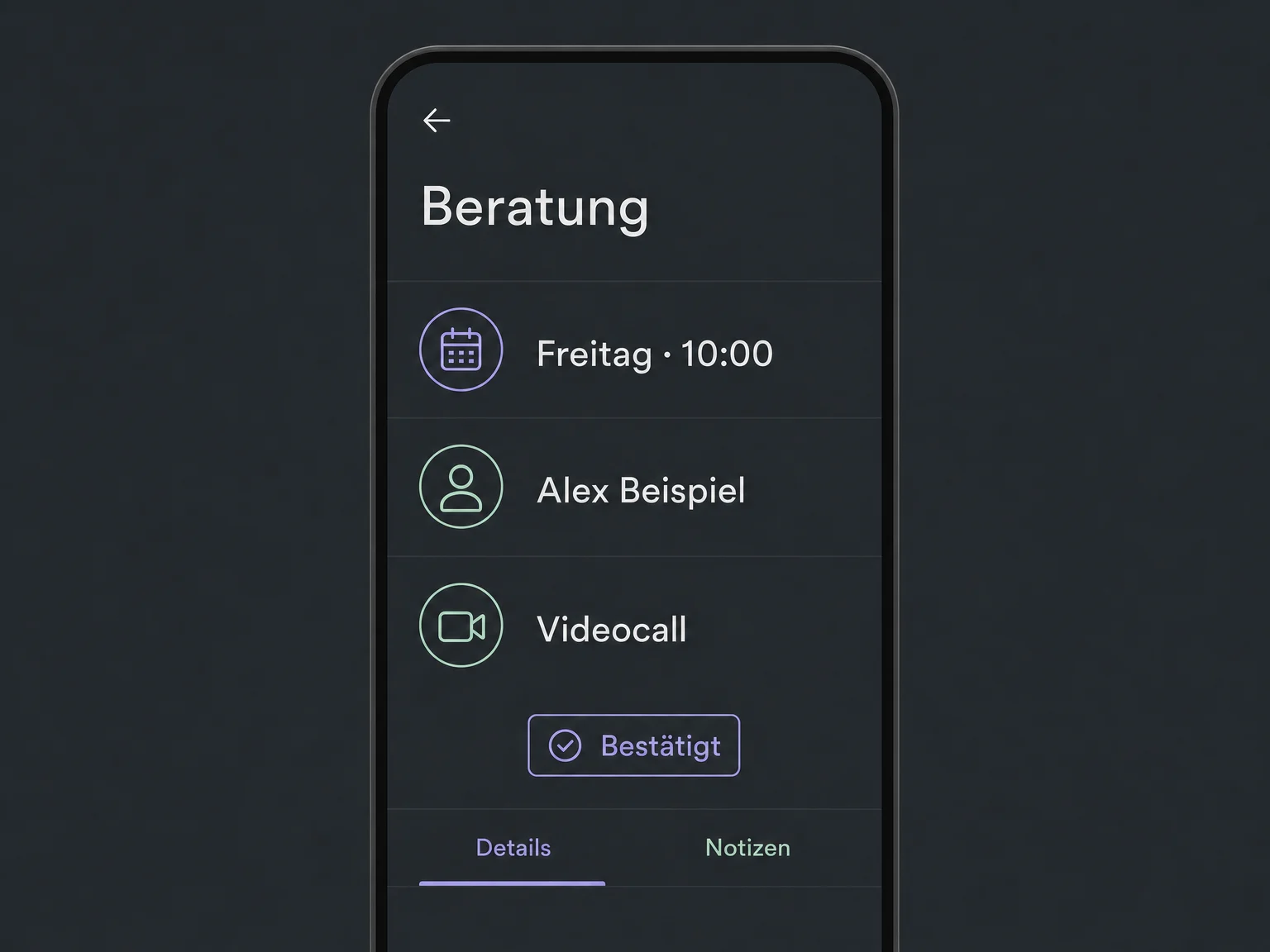 Die mobile Terminansicht zeigt eine bestätigte Beratung mit Alex am Freitag um 10 Uhr sowie die Tabs Details und Notizen.
