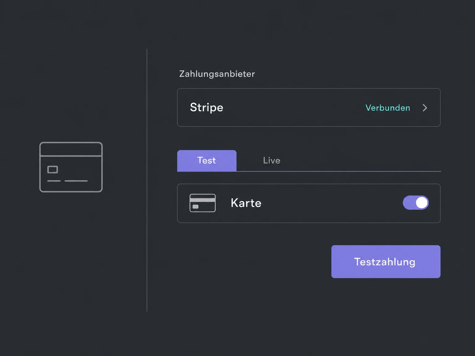 Ein verbundenes Stripe-Konto zeigt den gewählten Testmodus, die aktivierte Kartenzahlung und den Testzahlungs-Button.