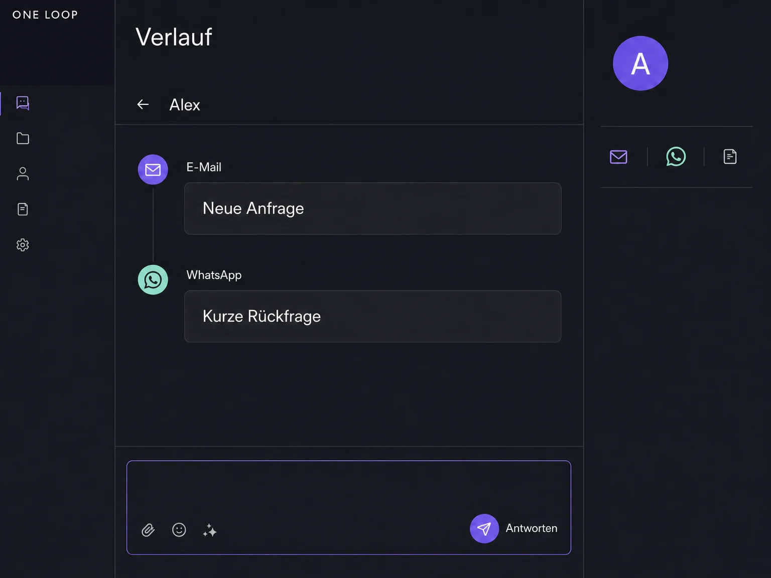 Eine E-Mail-Anfrage und eine WhatsApp-Rückfrage von Alex stehen im selben Gesprächsverlauf.
