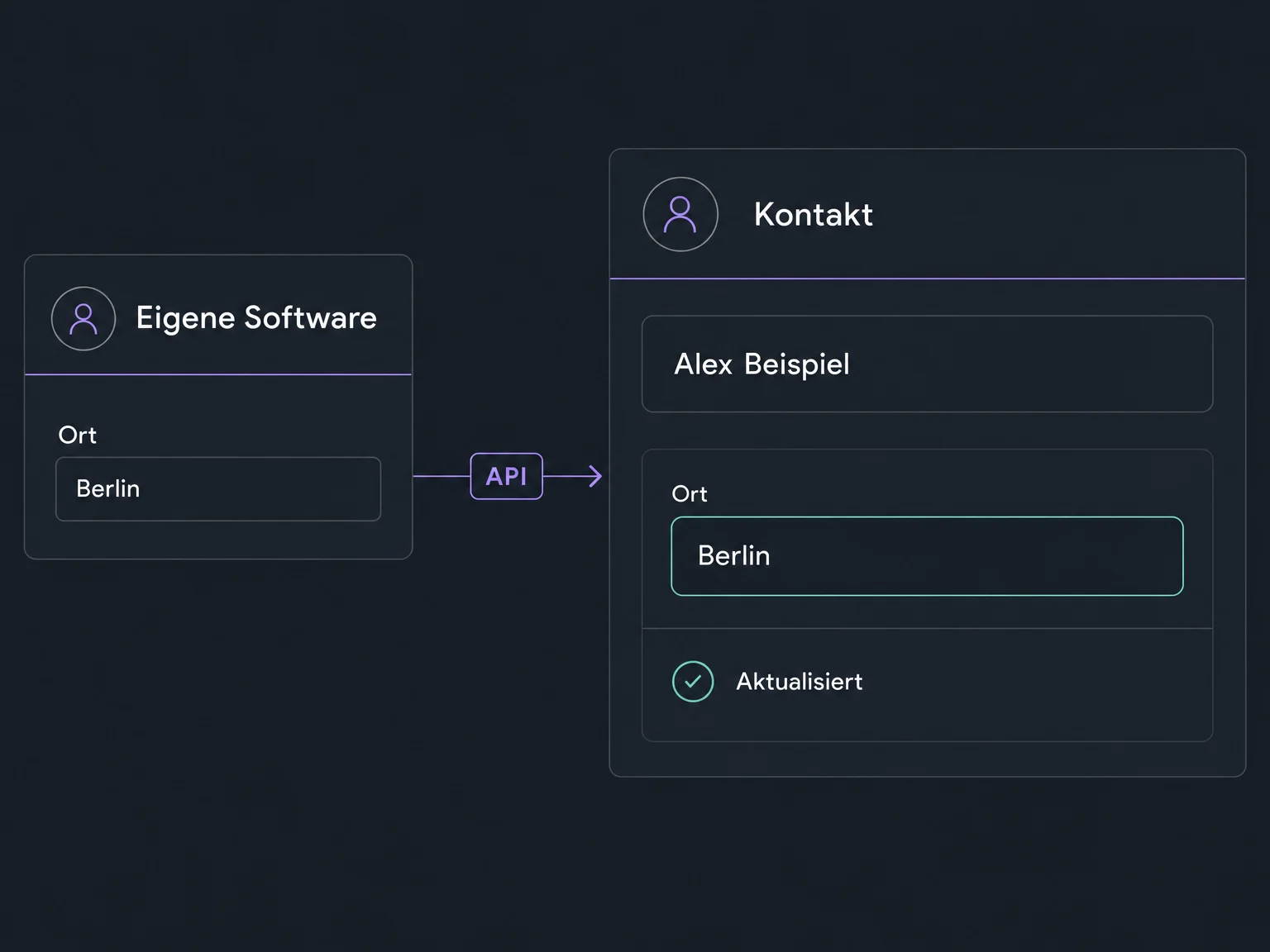 Die eigene Software überträgt den Ort Berlin per API in den vorhandenen Kontakt Alex Beispiel.