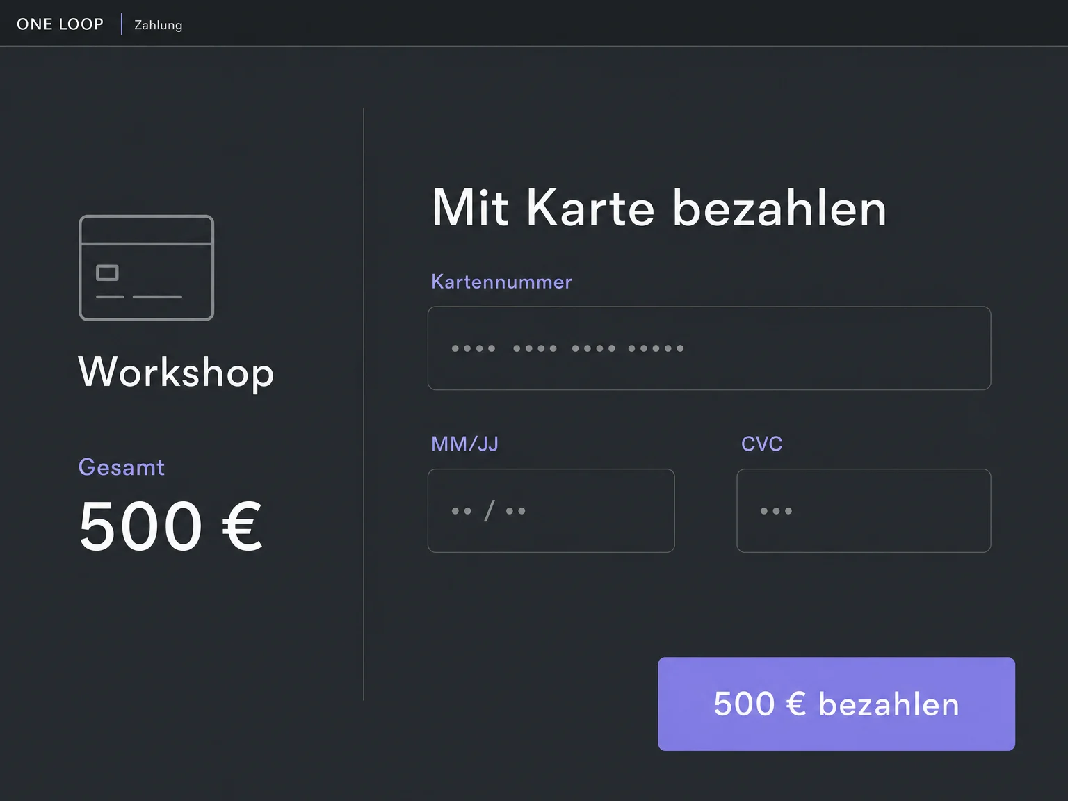 Beispiel einer Bezahlseite: Workshop für 500 Euro und Karteneingabe vor dem Bezahlen. Fiktiver Beispielpreis, noch keine erfolgreiche Zahlung.