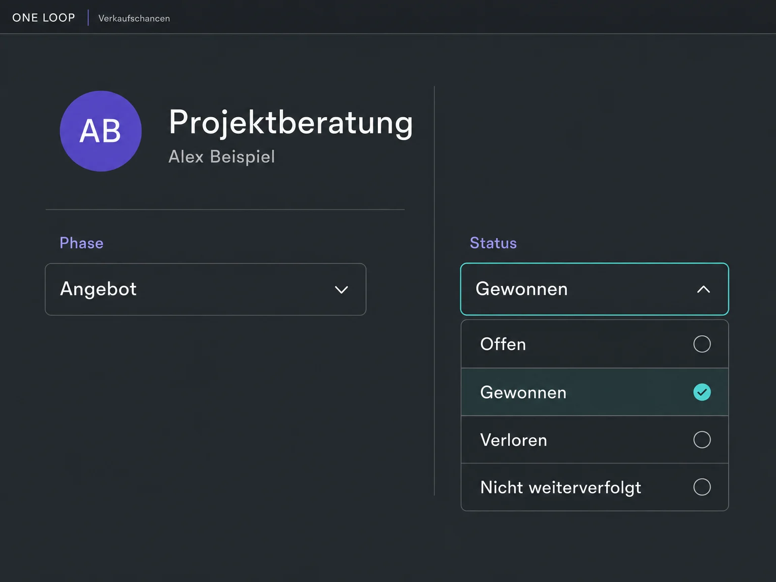 Die Beispielchance bleibt in der Phase Angebot; im Statusfeld ist Gewonnen ausgewählt. Das bestätigt keine Zahlung.