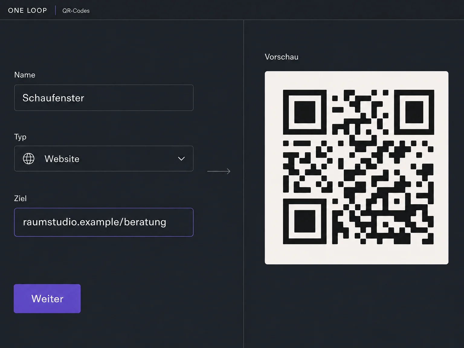 Ein beispielhafter Website-Code namens Schaufenster verweist auf die fiktive Raumstudio-Beratungsadresse, ergänzt durch eine schematische QR-Vorschau.