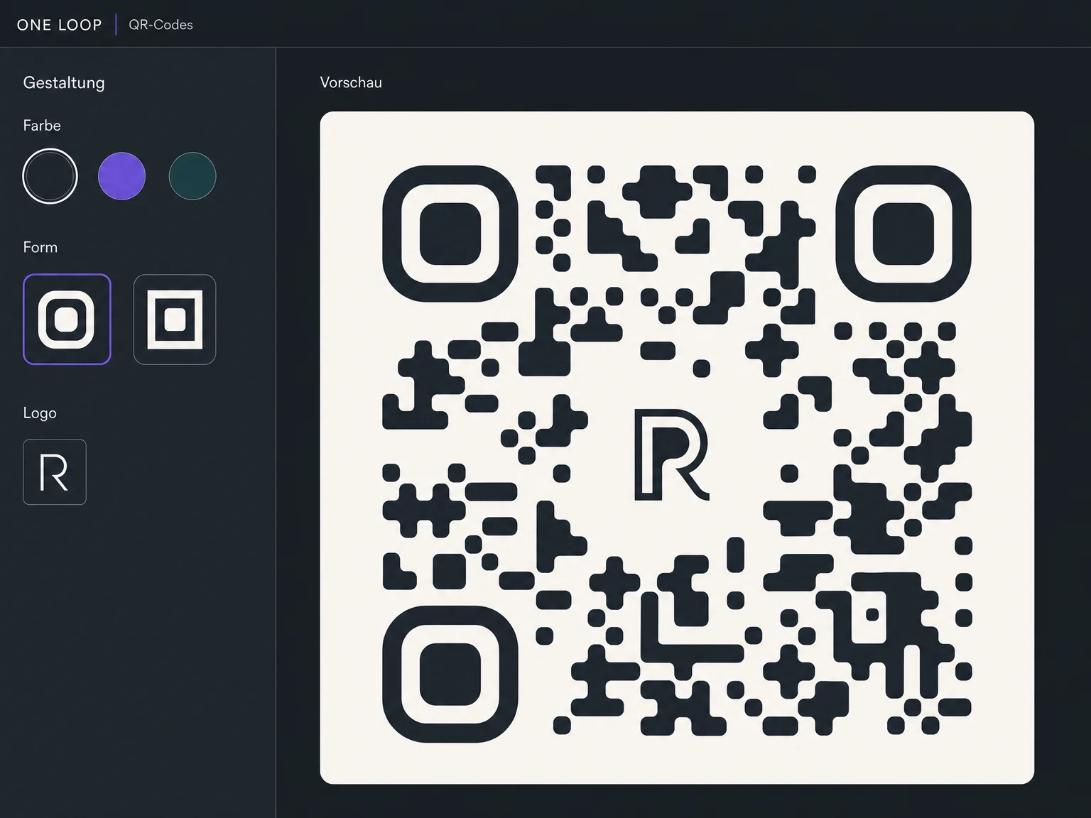 Die Gestaltung eines schematischen Beispielcodes zeigt eine dunkle Farbe, abgerundete Formen und ein R-Logo in der Vorschau.
