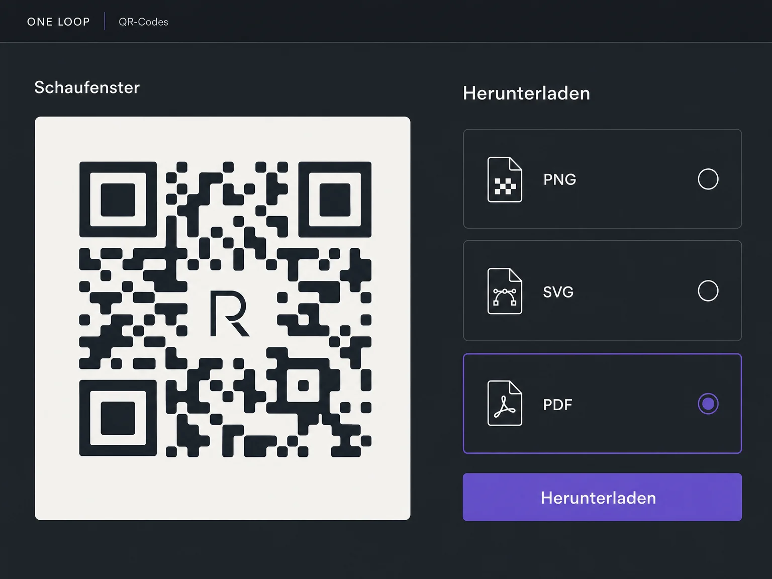 Beim schematischen Schaufenster-Code stehen PNG, SVG und PDF zur Auswahl; PDF ist ausgewählt, der Download wurde noch nicht ausgeführt.