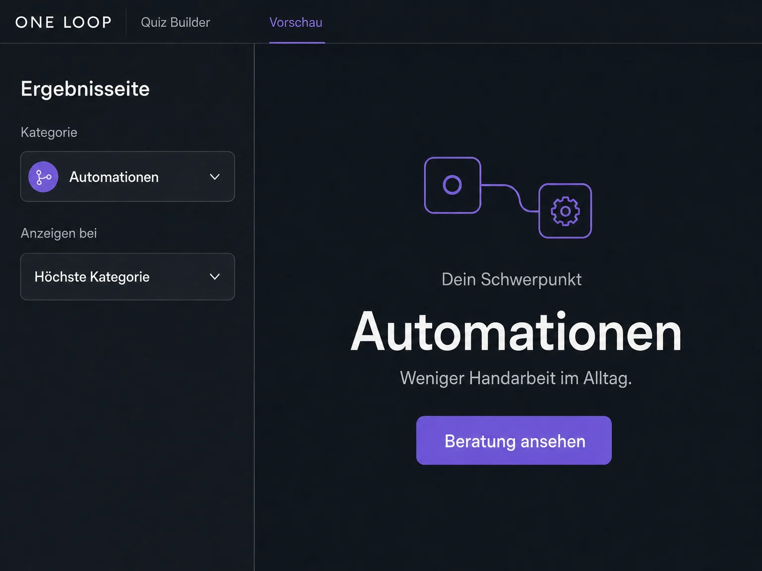 Die Ergebnisseiten-Vorschau ist auf die höchste Kategorie eingestellt und zeigt den Beispielschwerpunkt Automationen mit dem Link Beratung ansehen.