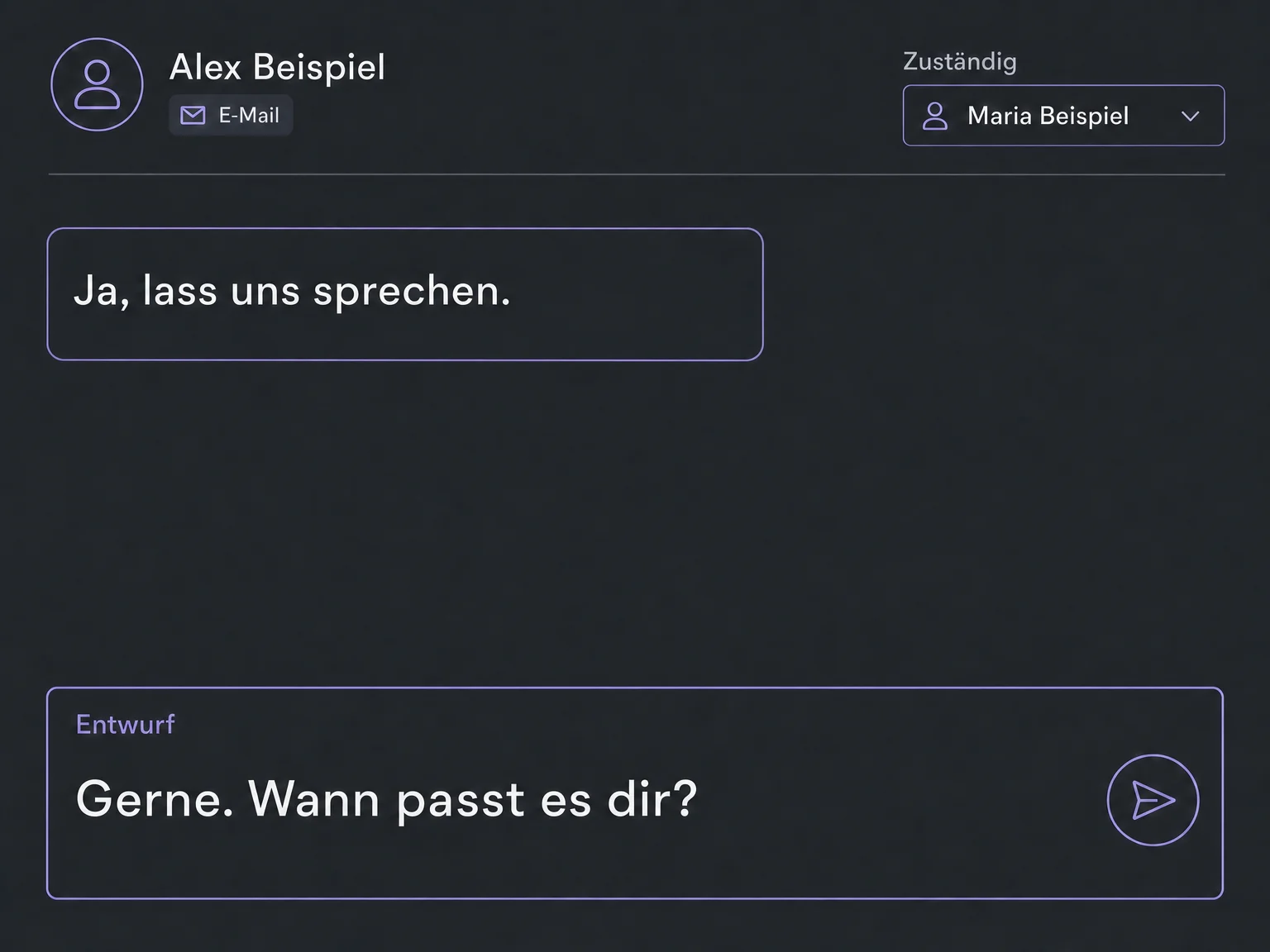 Beispiel einer E-Mail-Antwort von Alex und eines noch nicht gesendeten Antwortentwurfs von Maria; es ist kein Termin bestätigt.