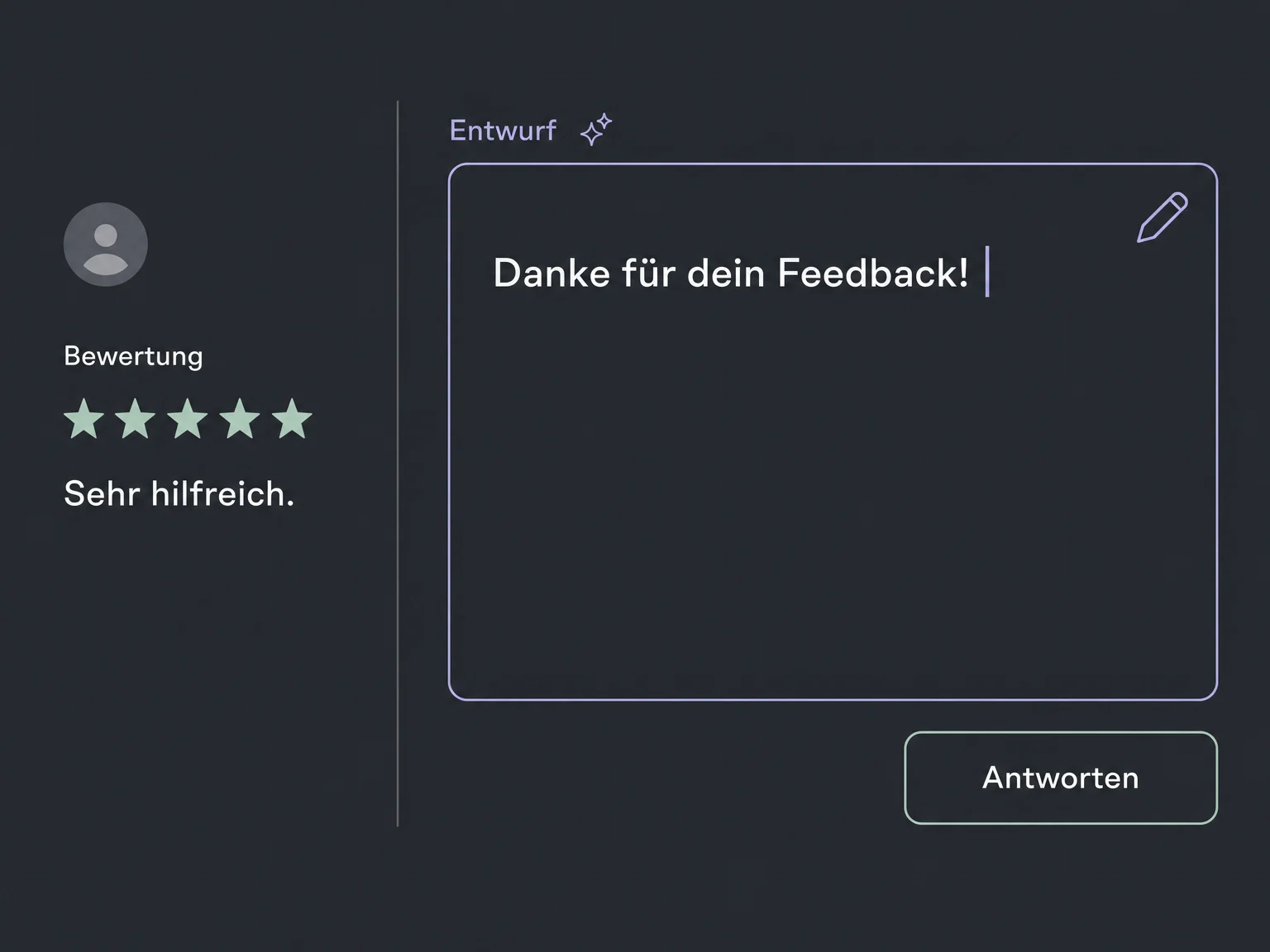 Eine kurze Beispielbewertung steht neben dem bearbeitbaren KI-Antwortentwurf; die Veröffentlichung bleibt ein eigener Schritt.