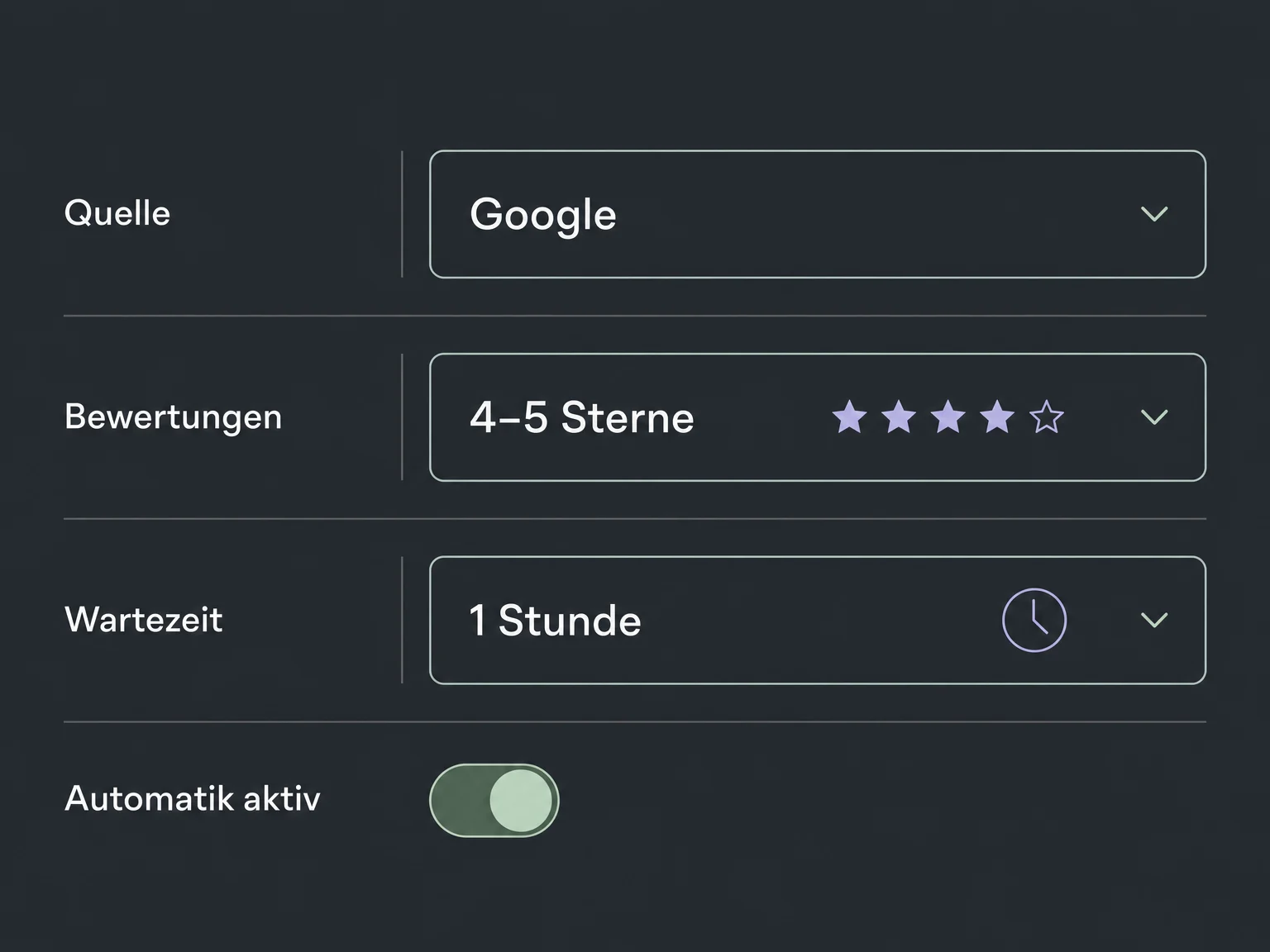 Bewertungsquelle, Sternebereich und Wartezeit begrenzen die aktivierte automatische Antwortfunktion.