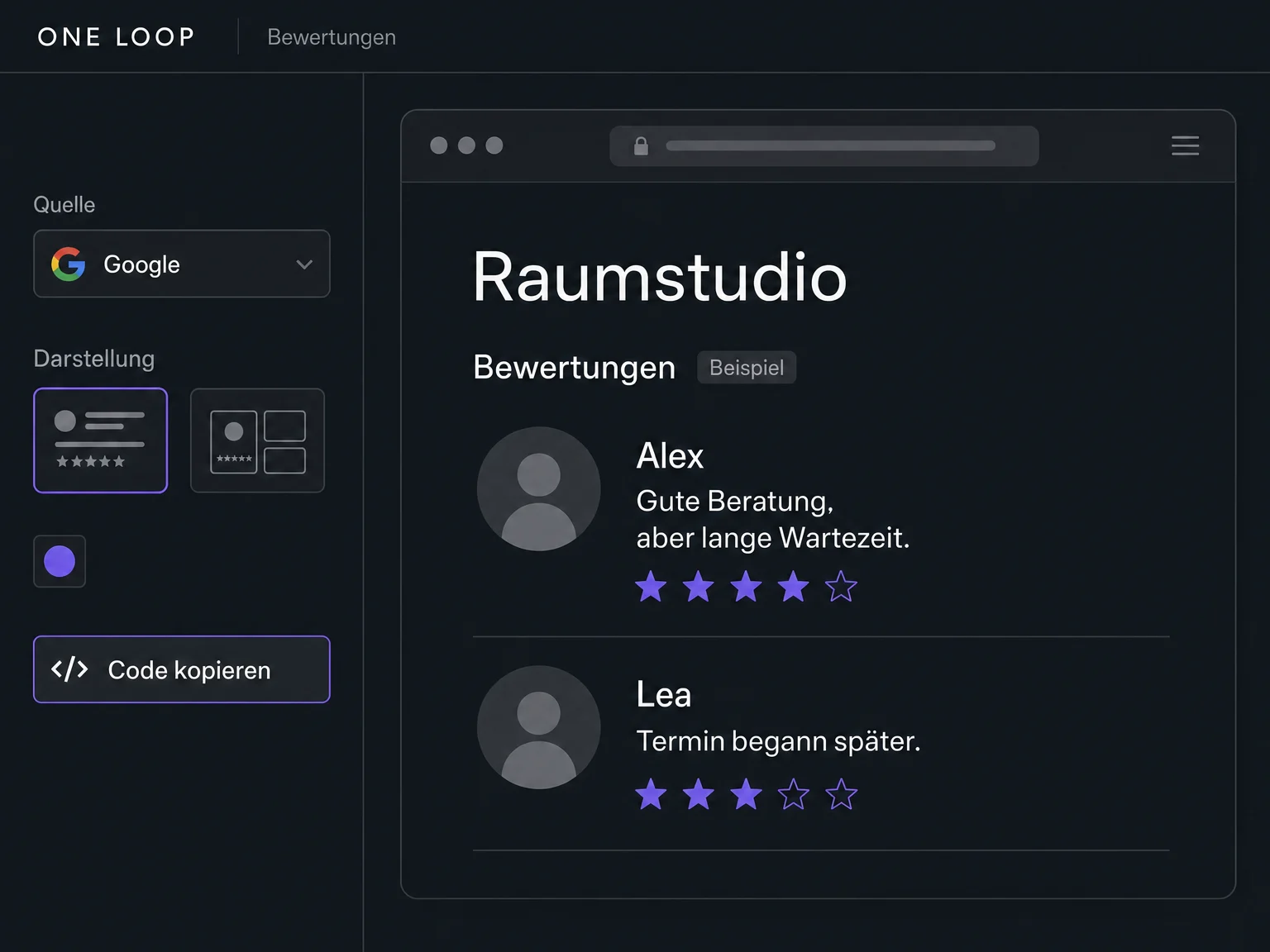 Ein vereinfachter Widget-Editor zeigt eine Website-Vorschau mit zwei erfundenen Beispielbewertungen und einer Option zum Kopieren des Einbettungscodes.