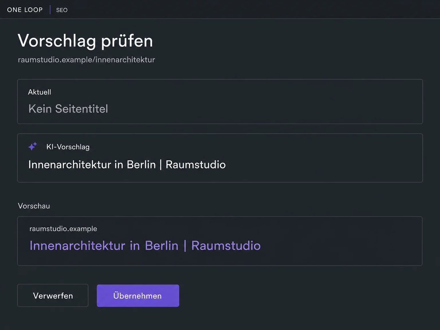 Ein KI-Vorschlag für den Seitentitel eines fiktiven Raumstudios wird mit einer Vorschau angezeigt; er wurde noch nicht übernommen.