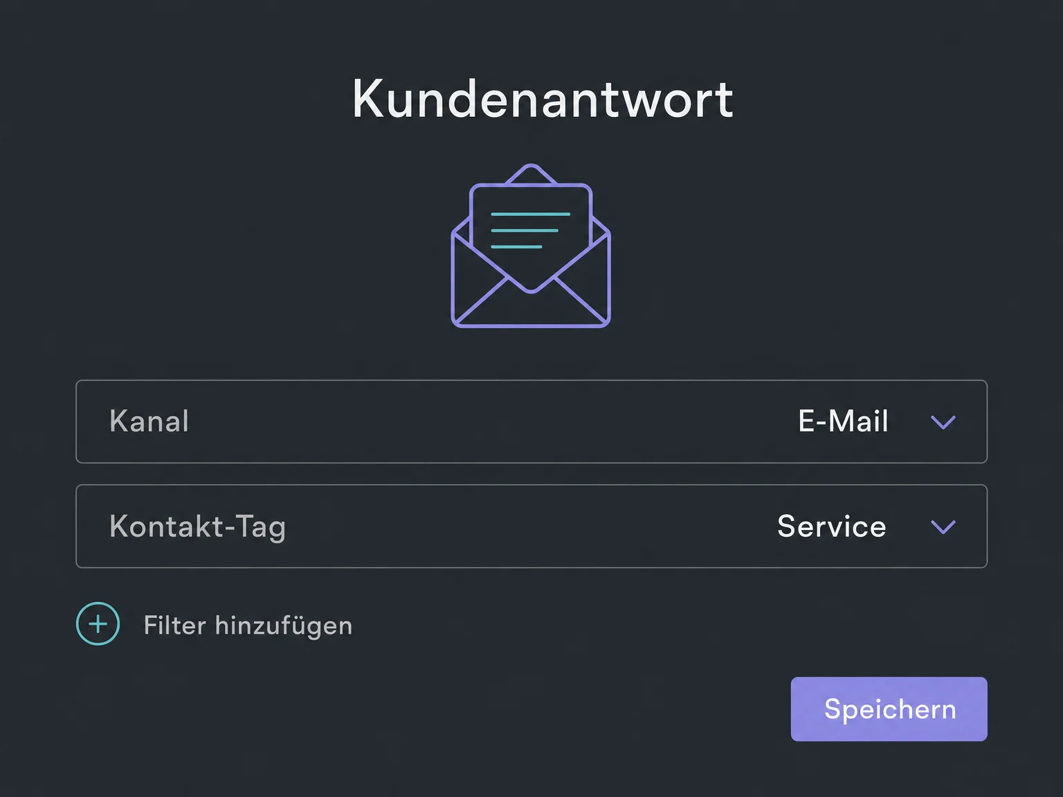 Beispiel einer Kundenantwort-Regel: E-Mail als Kanal und Service als Kontakt-Tag sind vor dem Speichern ausgewählt.