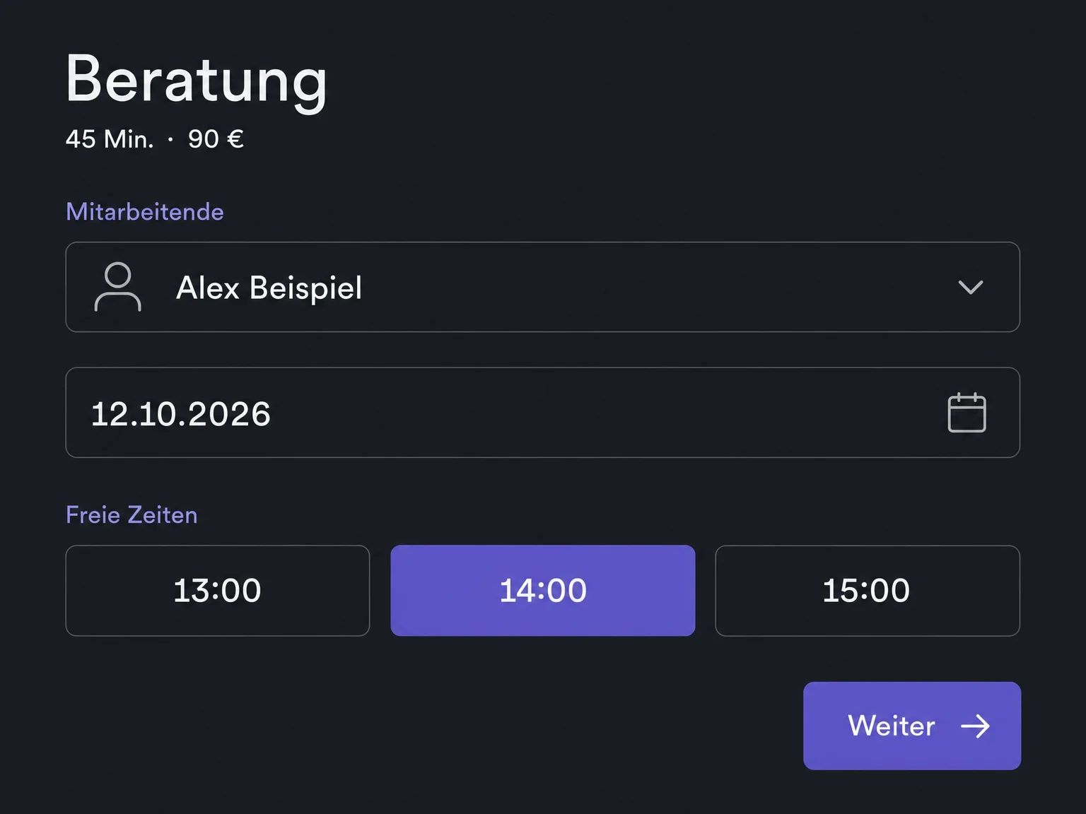 Beispiel einer Terminauswahl für Beratung mit Alex Beispiel am 12.10.2026: 14:00 Uhr ist ausgewählt, die Buchung noch nicht abgeschlossen.