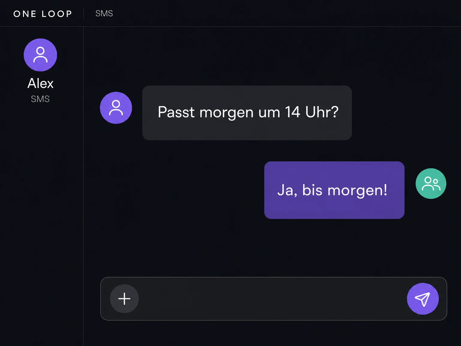 Ein vereinfachtes SMS-Gespräch mit Alex: eine kurze Terminfrage und die Antwort des Teams im selben Kontakt.