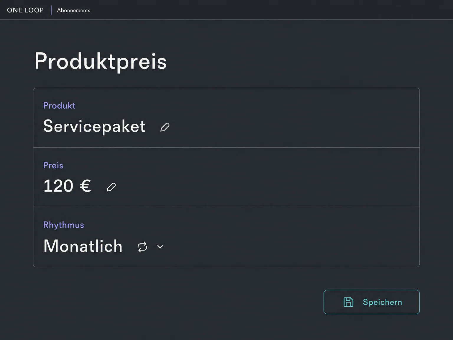 Beispiel eines wiederkehrenden Produktpreises: Servicepaket, 120 Euro und monatlicher Rhythmus vor dem Speichern. Fiktiver Beispielpreis.