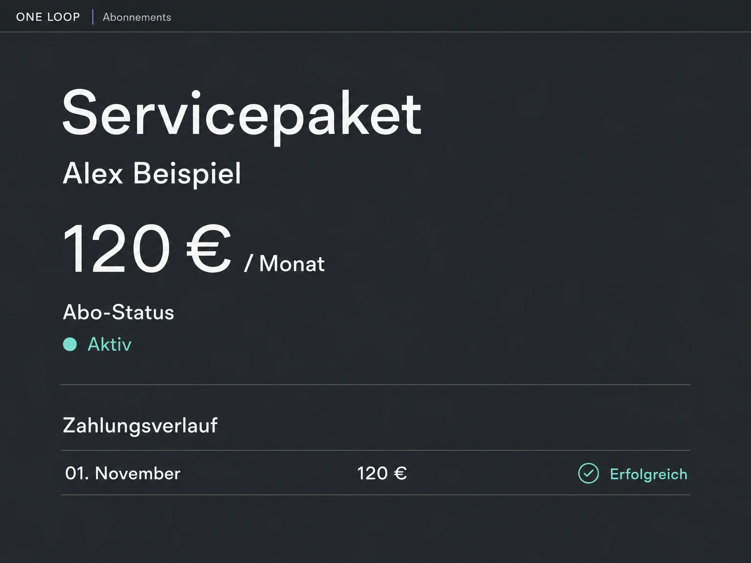 Beispiel eines Servicepakets mit Abo-Status Aktiv und einem separat dargestellten Zahlungseintrag über 120 Euro am 1. November. Fiktive Daten, keine Garantie künftiger Zahlungen.