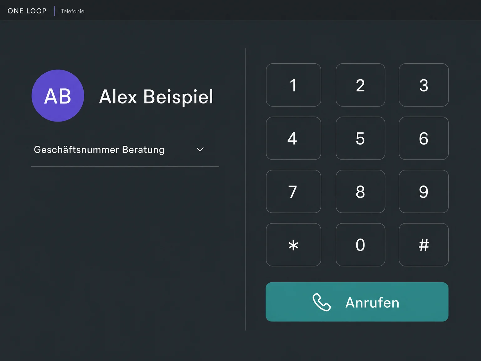 Der fiktive Kontakt Alex Beispiel ist für einen Anruf über die Geschäftsnummer Beratung ausgewählt; der Anrufen-Button ist startbereit, das Gespräch noch nicht verbunden.