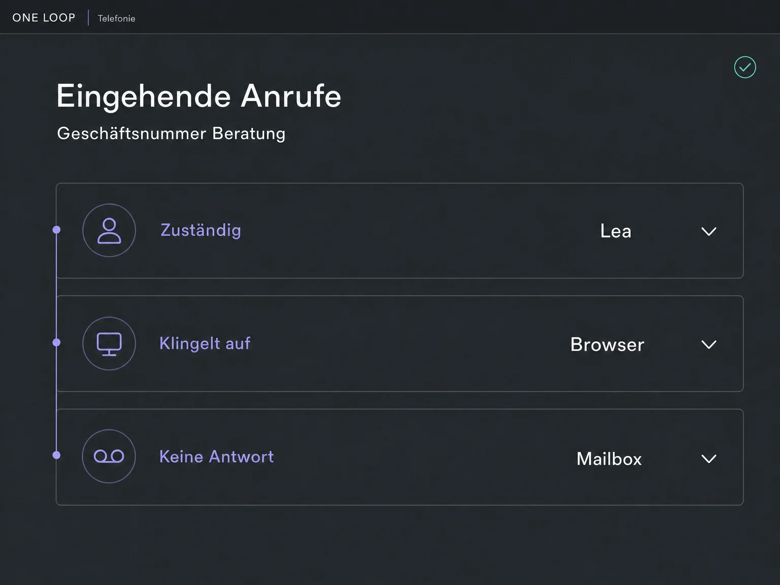 Die beispielhafte Anrufkonfiguration leitet Anrufe zu Lea im Browser und bei keiner Antwort zur Mailbox; sie zeigt Einstellungen, kein angenommenes Gespräch.