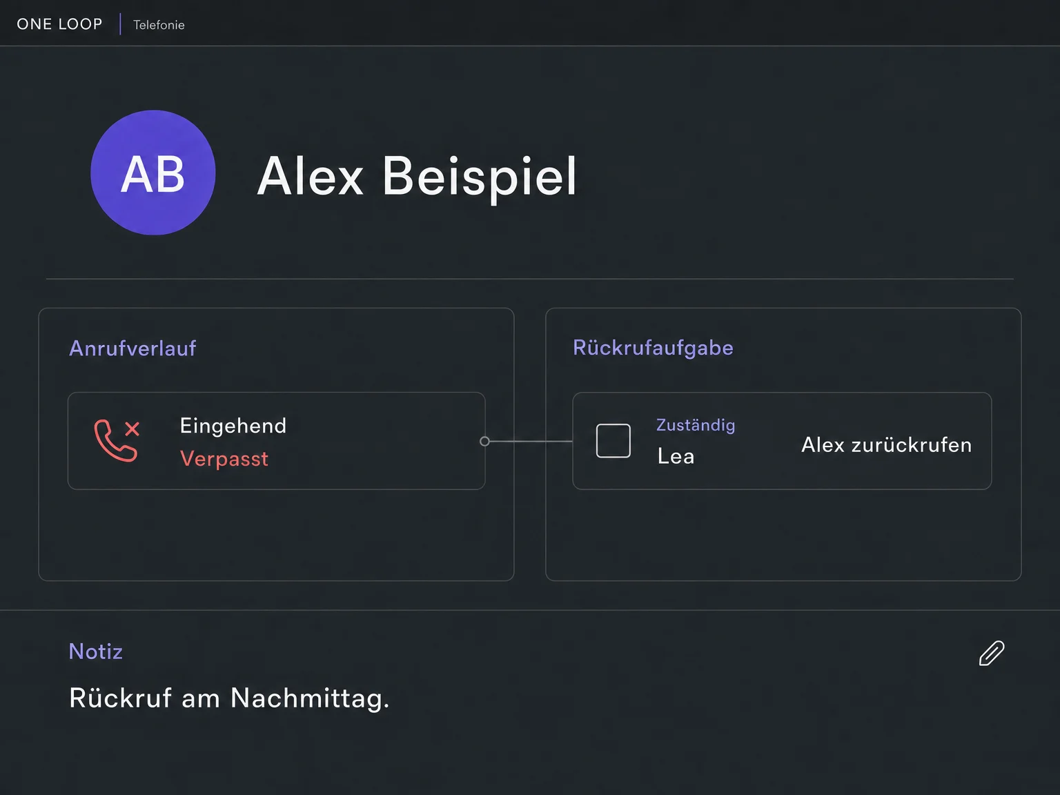 Der Beispielkontakt Alex zeigt einen verpassten Anruf, eine offene Rückrufaufgabe für Lea und eine manuelle Notiz zum Nachmittag; ein erfolgter Rückruf wird nicht behauptet.