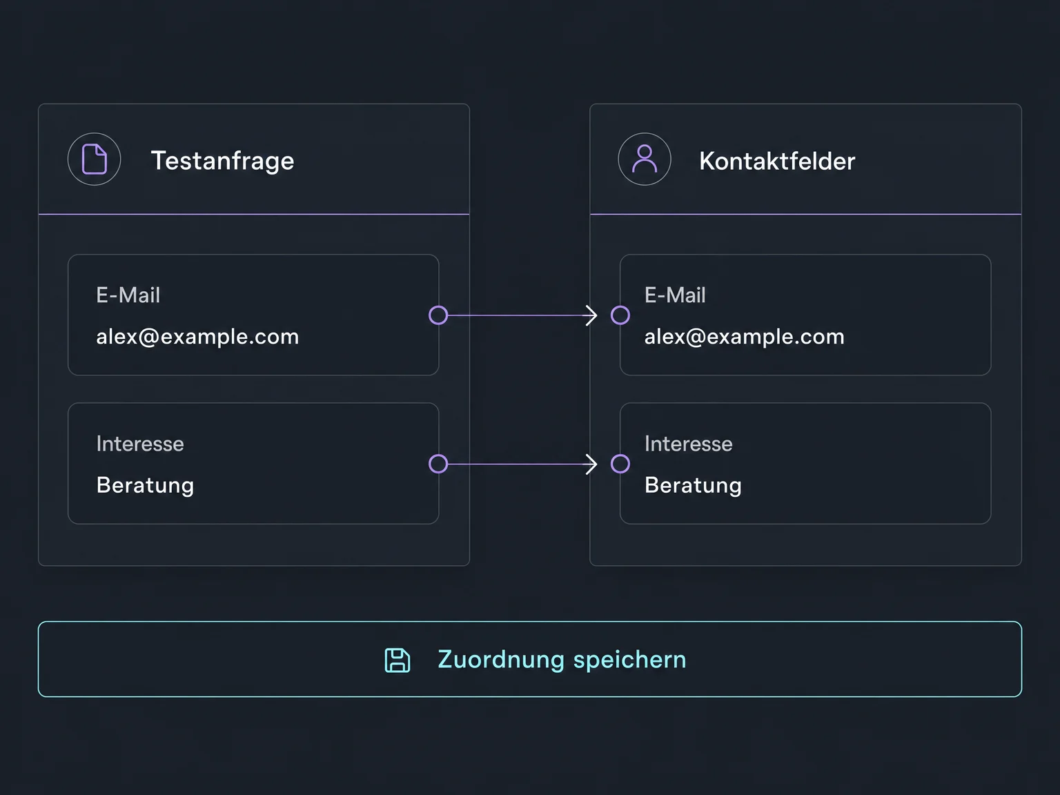 E-Mail und Interesse einer Testanfrage werden den entsprechenden Kontaktfeldern zugeordnet.