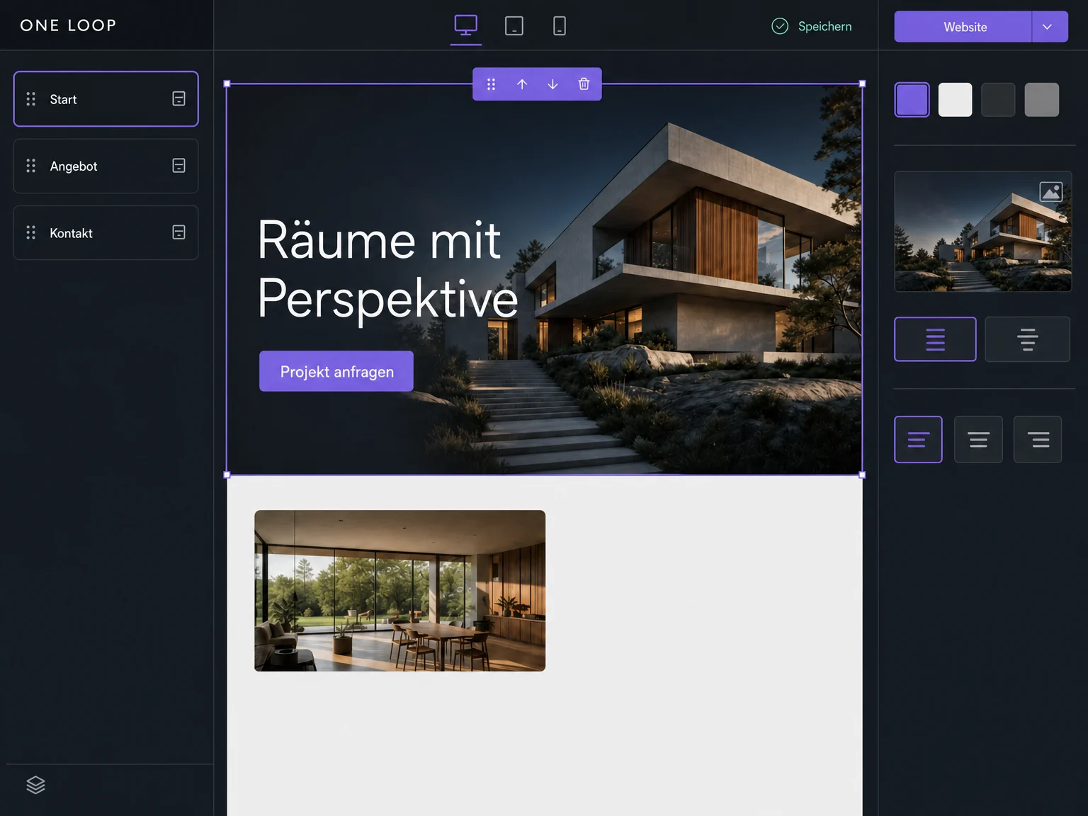 Ein visueller Website-Editor mit auswählbaren Seiten und einer großen Architektur-Website als Beispiel.