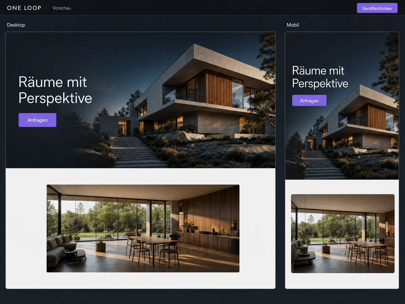 Die gleiche Architektur-Website in Desktop- und Mobilvorschau mit einer Schaltfläche zum Veröffentlichen.