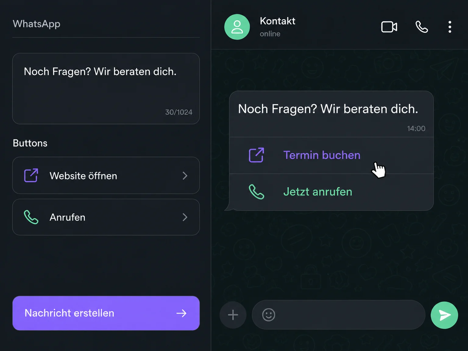 Eine Nachrichtenvorlage mit den Buttons Termin buchen und Jetzt anrufen in der Chat-Vorschau.