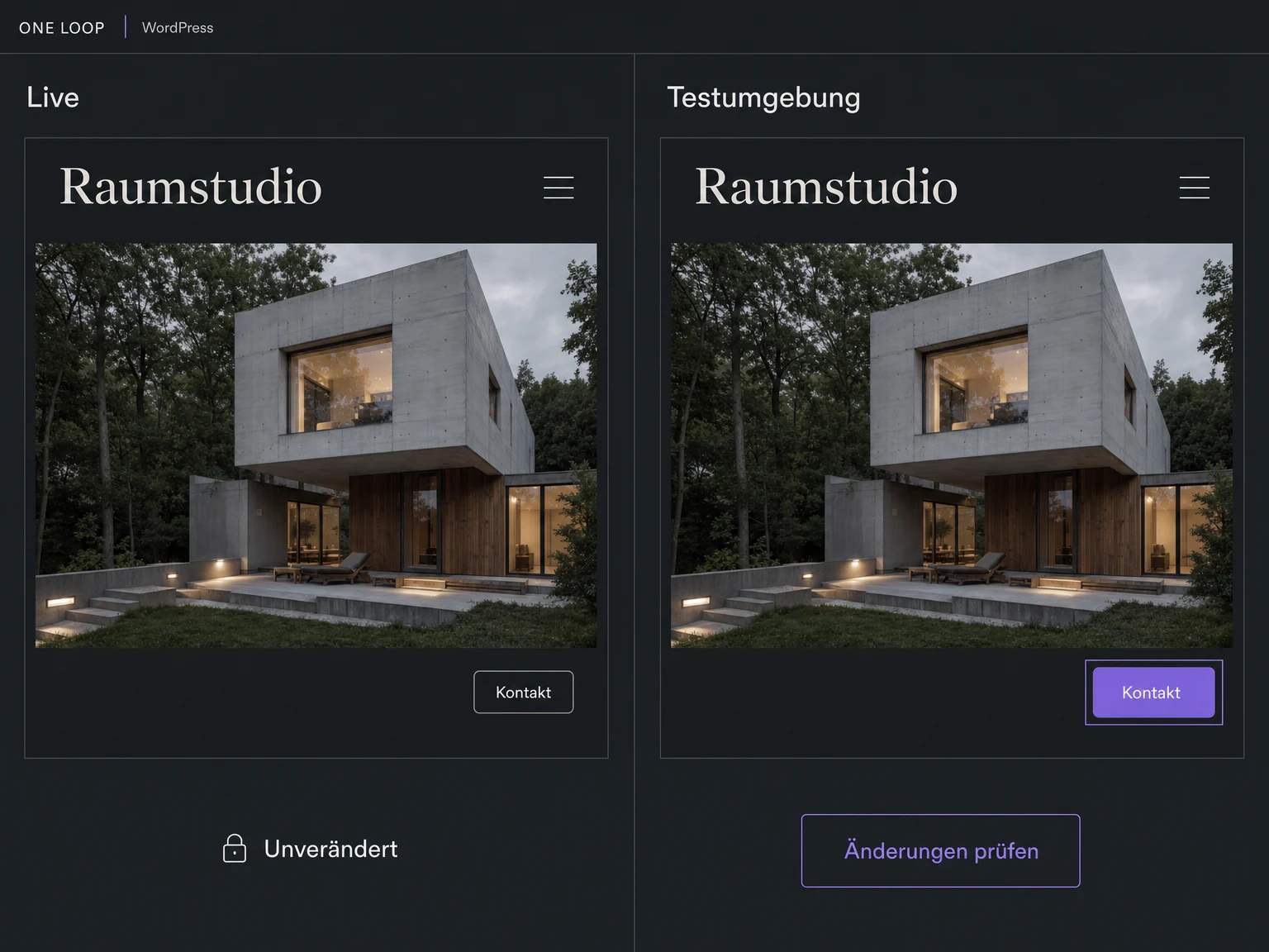 Die Live-Website bleibt unverändert; nur in der Testumgebung hat die Kontakt-Schaltfläche eine neue Farbe. Die Änderungen können vor der Veröffentlichung geprüft werden.