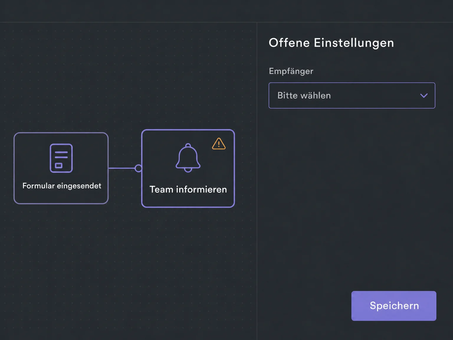 Vor dem Start zeigt der Workflow eine offene Empfängerauswahl in den Einstellungen.