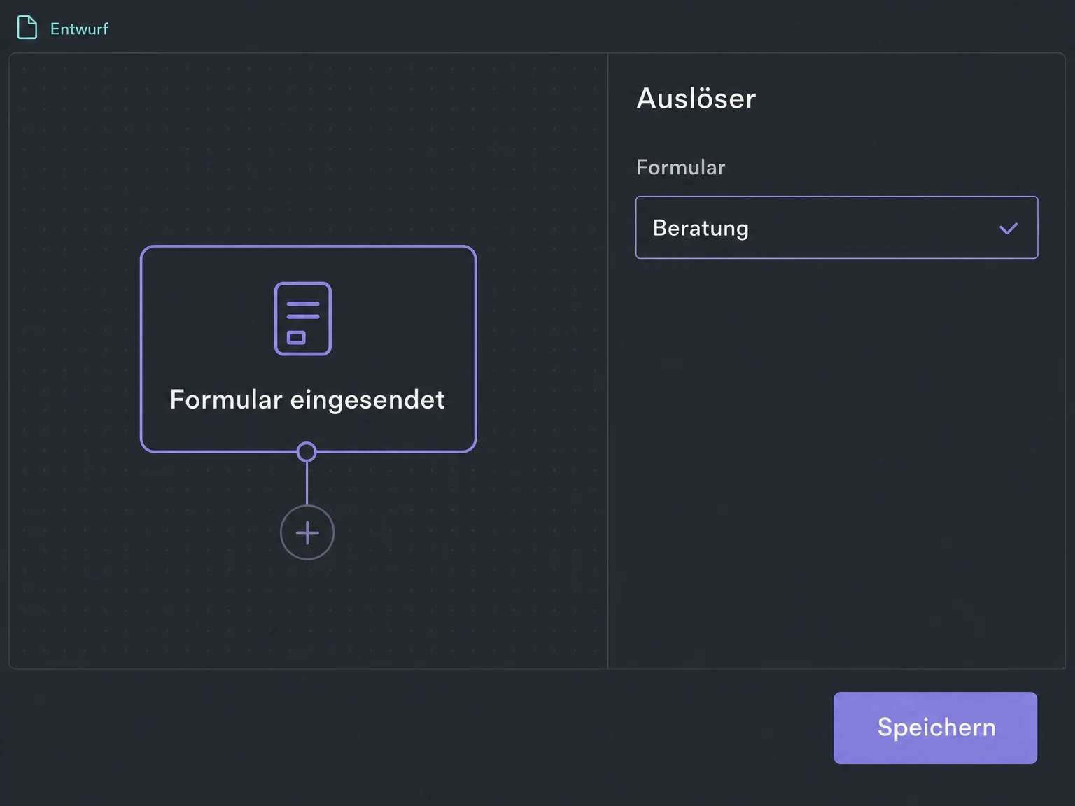 Der Auslöser Formular eingesendet ist auf das Beratungsformular gefiltert; der Workflow steht noch im Entwurf.