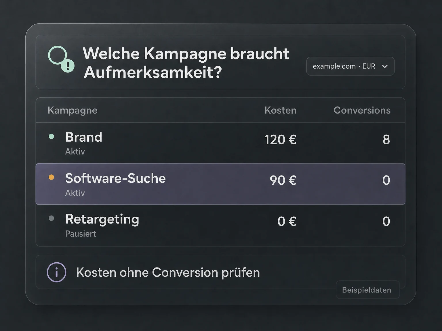 Beispiel: Drei Kampagnen mit Kosten, Conversions und Status. Software-Suche fällt durch Kosten ohne Conversion auf.