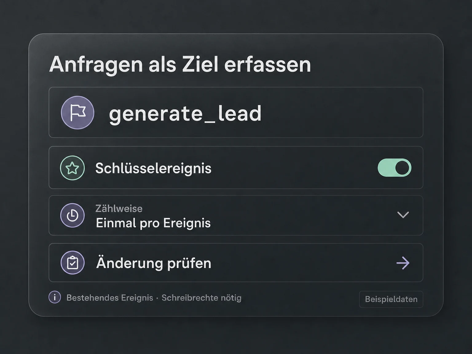Beispiel: Das bestehende Ereignis generate_lead als Schlüsselereignis markieren und die Zählweise einmal pro Ereignis prüfen.