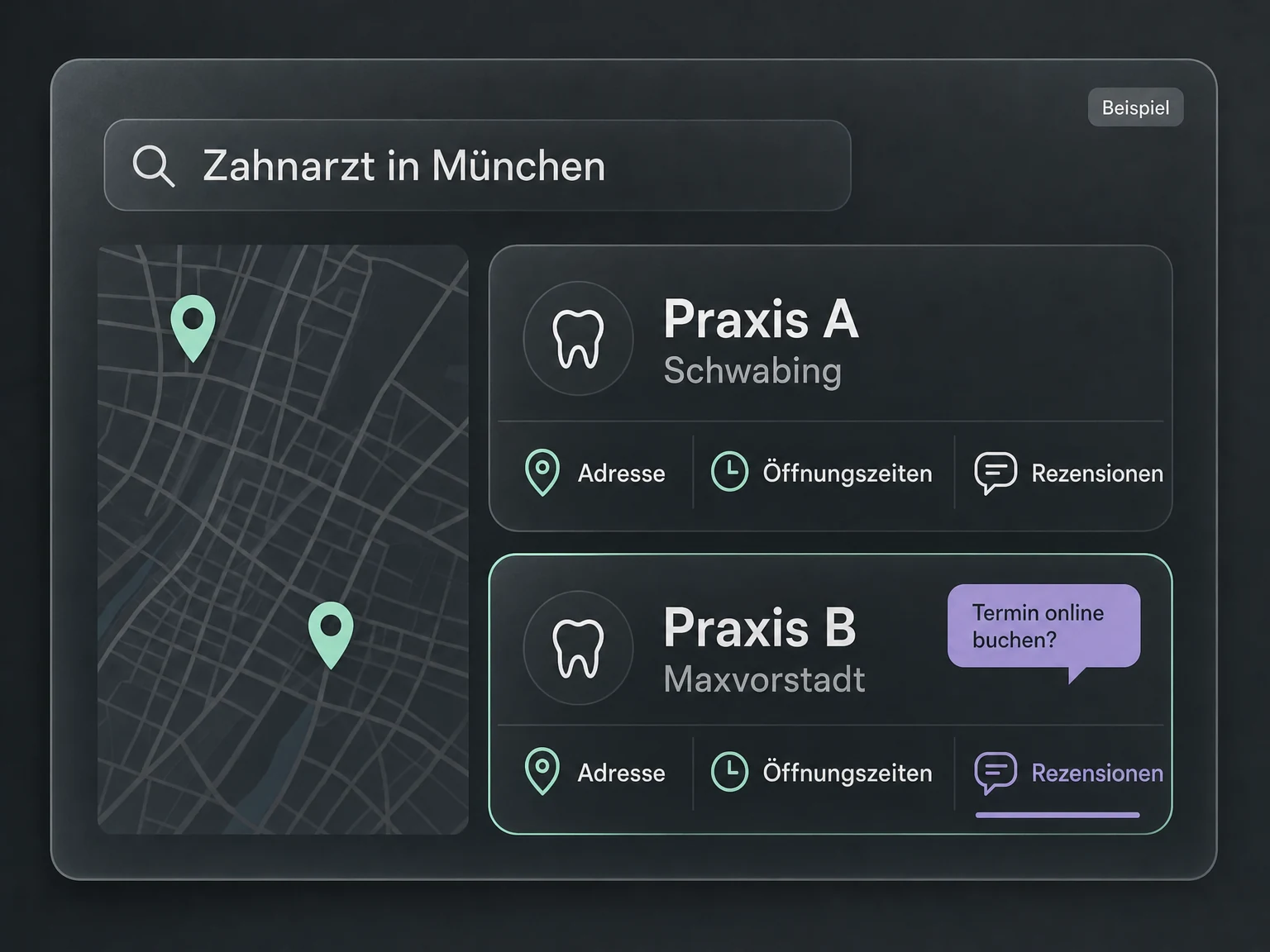 Beispiel einer lokalen Recherche nach Zahnarztpraxen in München mit Kartenansicht und öffentlichen Profilen.
