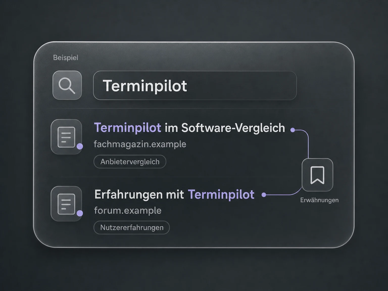 Beispiel-Markenrecherche: Erwähnungen von Terminpilot in einem Software-Vergleich und in einem Forum.