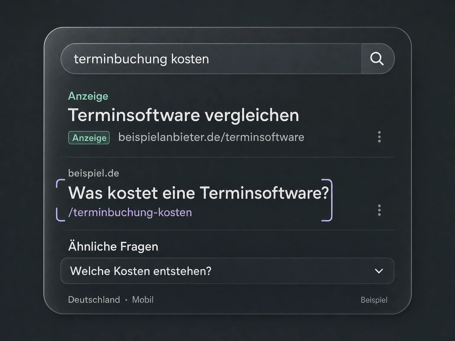Beispiel-Suchergebnisse für Terminbuchungskosten: Anzeige, organischer Treffer und ähnliche Fragen auf dem Handy.