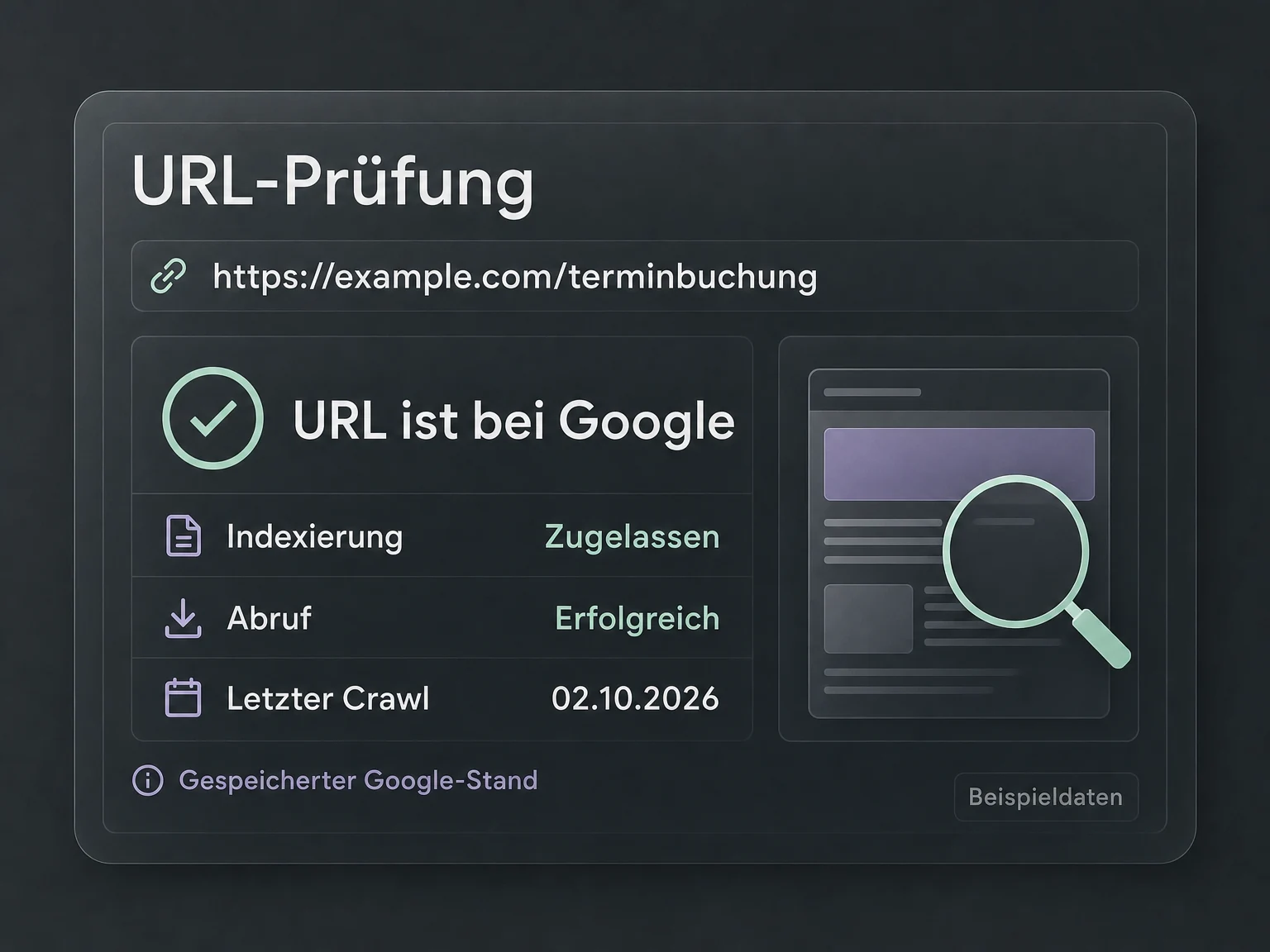 Beispiel einer URL-Prüfung: Die Terminbuchungsseite ist bei Google, Indexierung ist zugelassen und das letzte Crawl-Datum wird angezeigt.