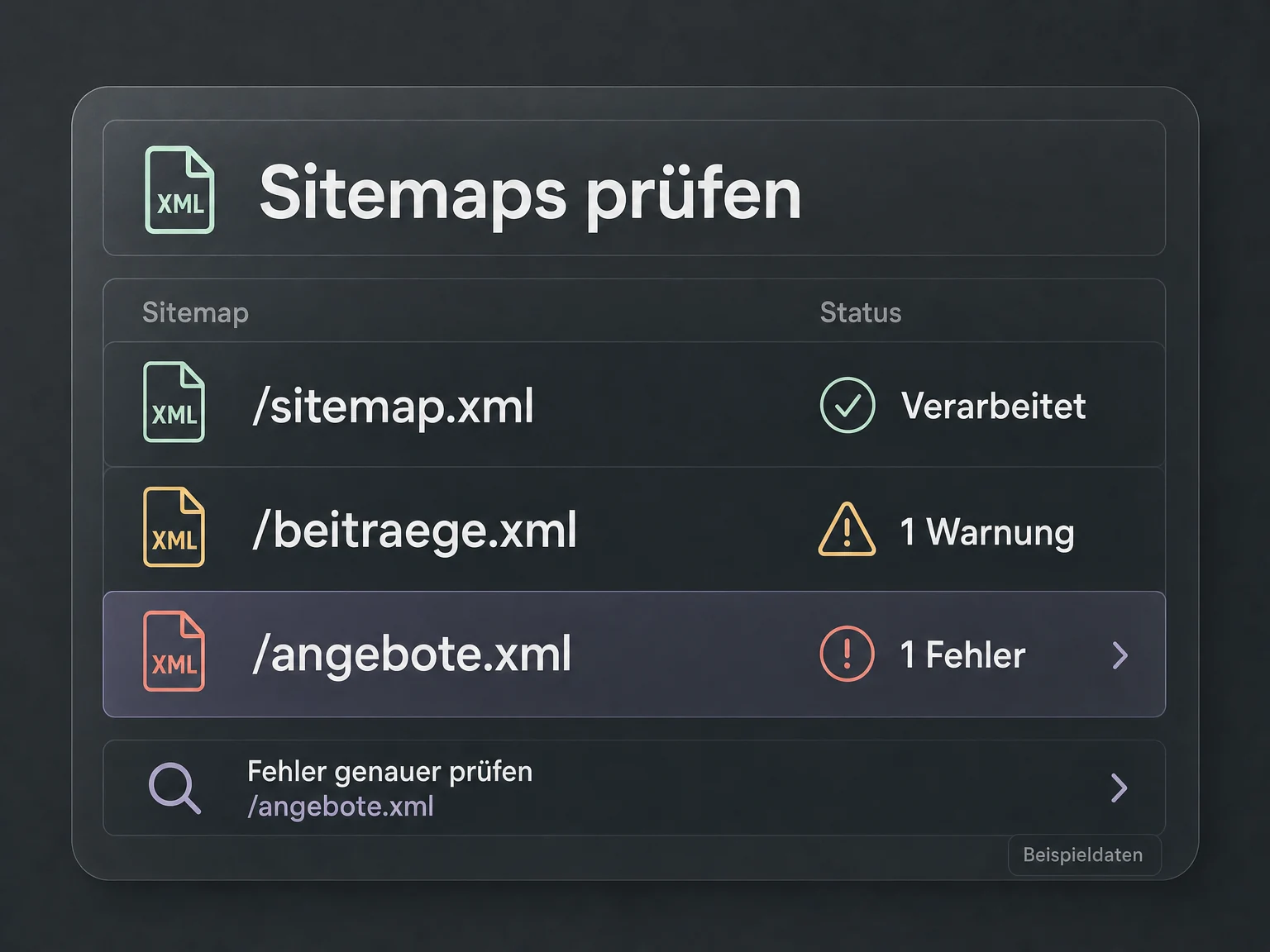 Beispiel: Drei Sitemaps mit den Zuständen verarbeitet, eine Warnung und ein Fehler. Der Fehler bei angebote.xml wird zur Prüfung hervorgehoben.