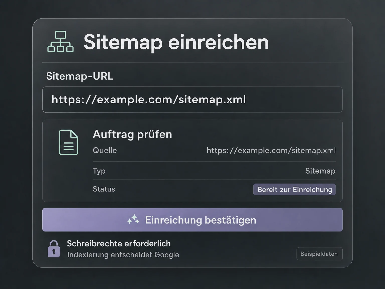 Beispiel: Die Sitemap-URL example.com/sitemap.xml vor der ausdrücklichen Bestätigung prüfen; Schreibrechte sind erforderlich.