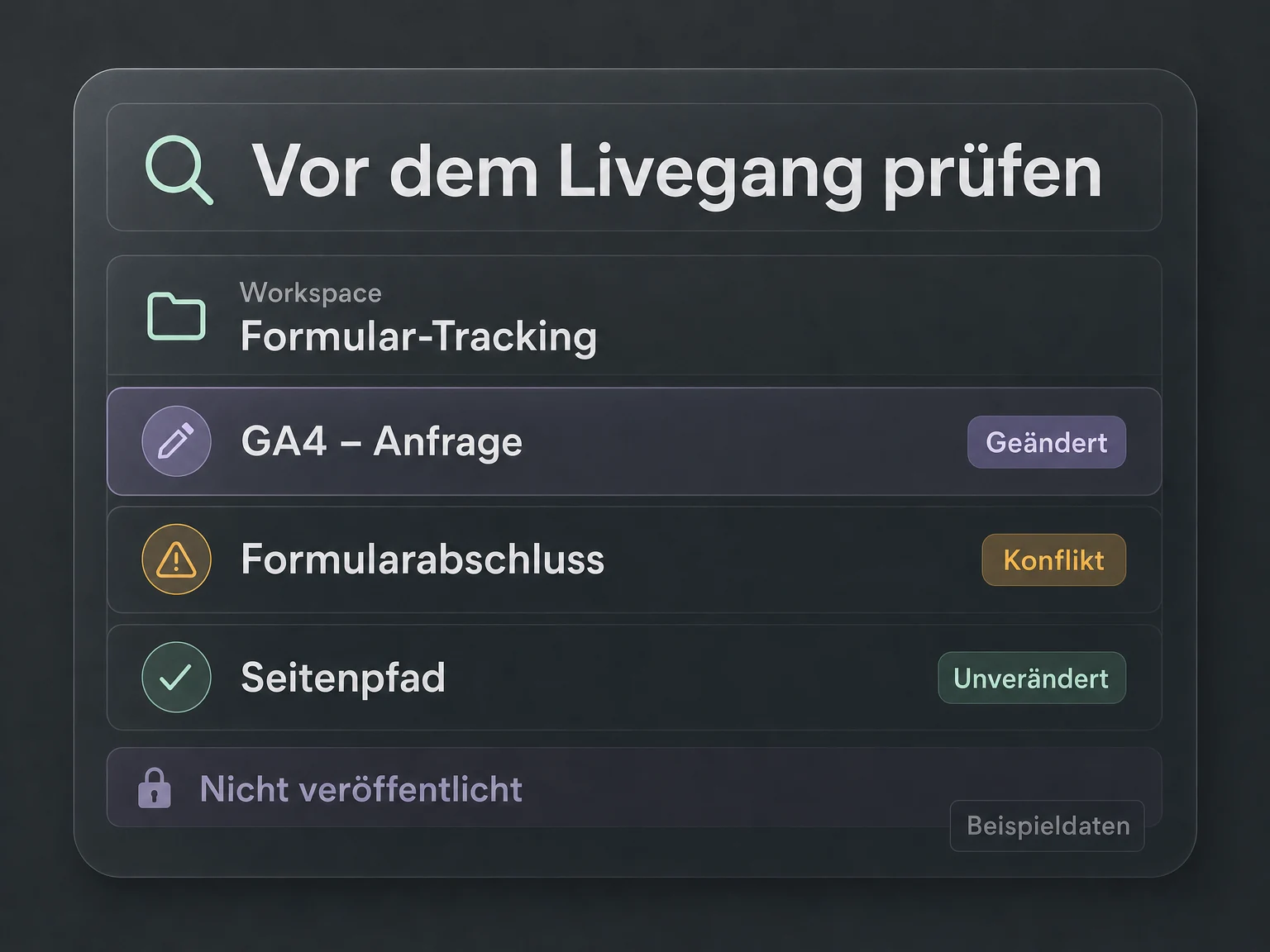 Beispiel: Im unveröffentlichten Workspace Formular-Tracking geänderte Elemente, einen Trigger-Konflikt und einen unveränderten Seitenpfad prüfen.
