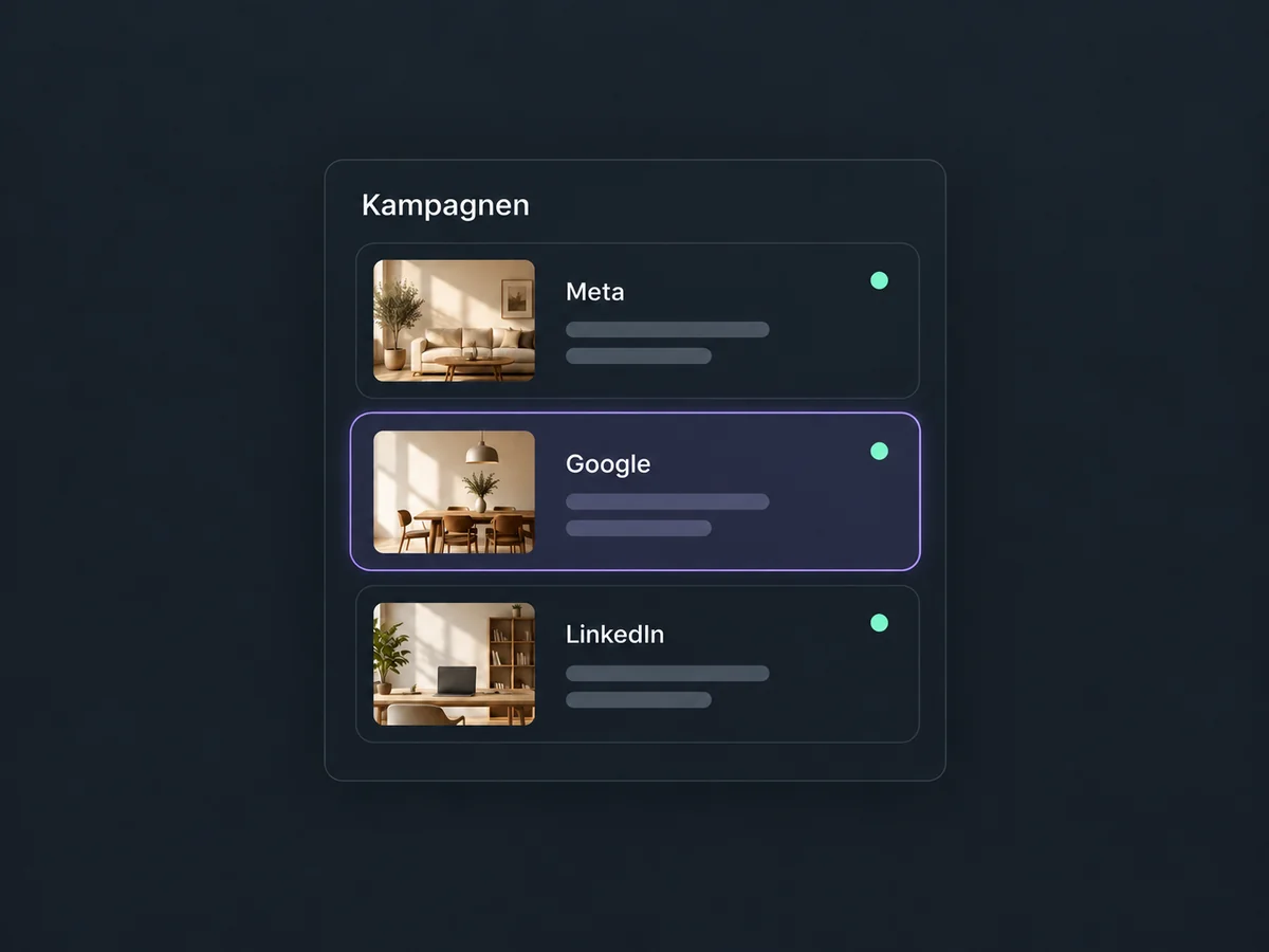 Die Kampagnenübersicht zeigt verbundene Werbekonten für Meta, Google und LinkedIn im selben Bereich.