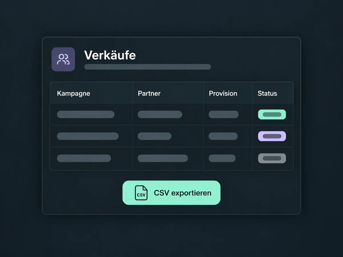 Erfasste Affiliate-Verkäufe zeigen Kampagne, Partner, Provision und Status neben einem CSV-Export.