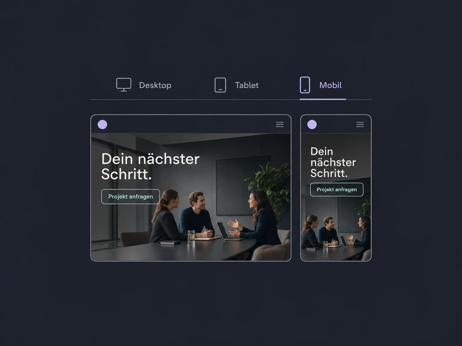 Eine identische Beispielseite erscheint in breiter und schmaler Vorschau; die Geräteauswahl bleibt sichtbar.
