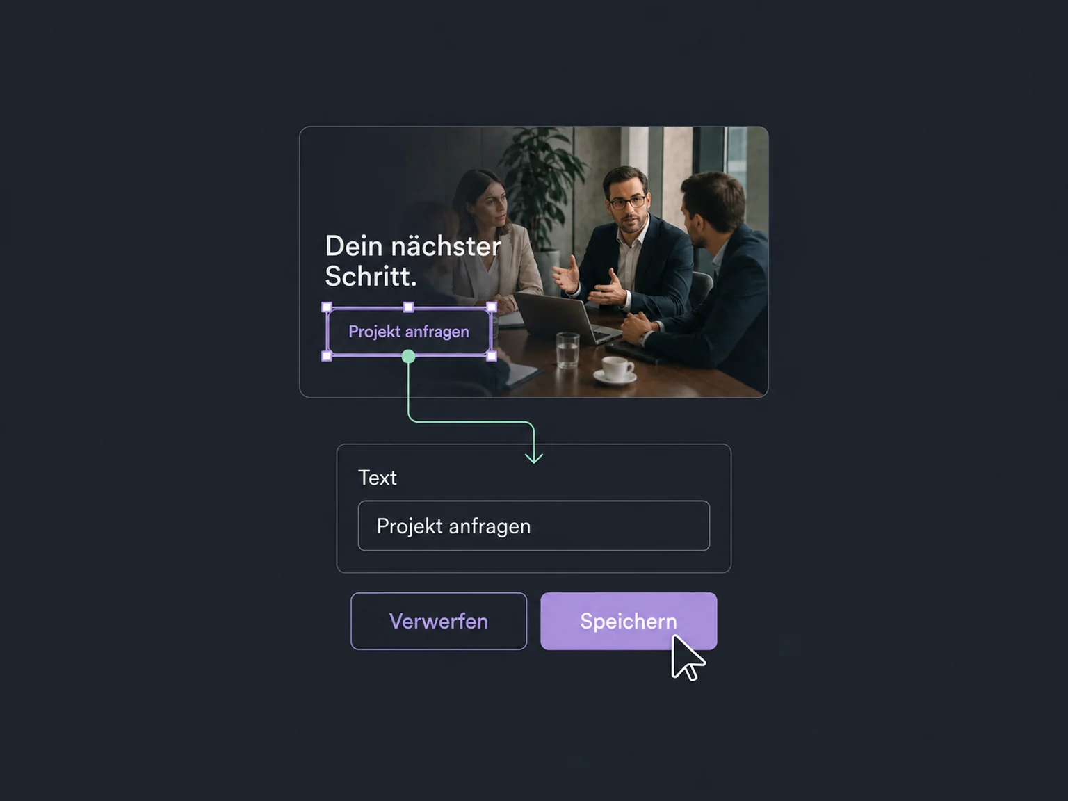 Ein markierter Website-Button wird direkt über das Textfeld geändert; Speichern und Verwerfen bleiben getrennt.